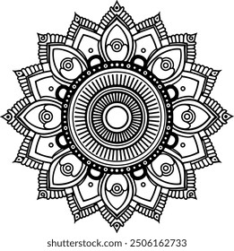 Round Mandala vector and line art with coloring page. Black and white vector mandala design with an Indian theme.