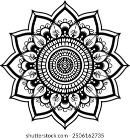 Round Mandala vector and line art with coloring page. Black and white vector mandala design with an Indian theme.