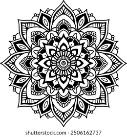 Round Mandala vector and line art with coloring page. Black and white vector mandala design with an Indian theme.