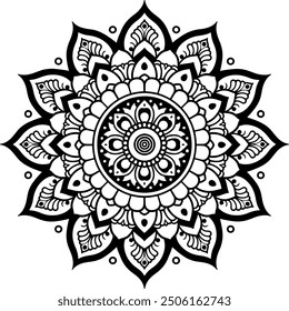 Round Mandala vector and line art with coloring page. Black and white vector mandala design with an Indian theme.