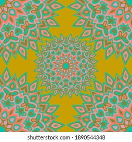 Round mandala vector seamless pattern. Sari print design. Circle floral mandala ornament with butterfly, heart, leaf, petal, flower elements. Indian medallion motif seamless tile.