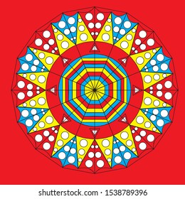 Round mandalas on isolated white and red pink yellow backgrounds. Boho mandala vector in colorful and. Mandala with a circle floral motif. Yoga template.