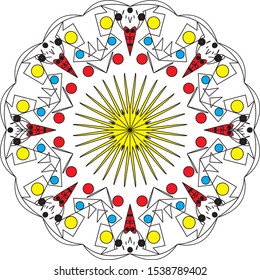 Round mandalas on isolated white and red pink yellow backgrounds. Boho mandala vector in colorful and. Mandala with a circle floral motif. Yoga template. New year christmas valentine can make