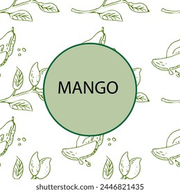 Round mango banner with seamless pattern . Vector illustration of tropical fruit for healthy - mango. Ink paint art in vintage style. Plant part. 
