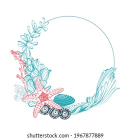 Round marine frame. Vector illustration of seaweed, seashells, oysters, waves isolated on white background. Beautiful template for invitation card, poster banner and any of your purposes.