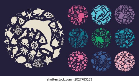 Colección de conceptos marítimos redondos. Ilustración vectorial plana