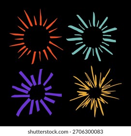 Marcador redondo Sunburst Diferentes tipos de color Doodle Line Set en un negro. Ilustración vectorial de los rayos solares del trazo del Grunge