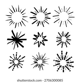 Marcador redondo Sunburst Diferentes tipos de línea Doodle negro. Ilustración vectorial de los rayos solares del trazo del Grunge