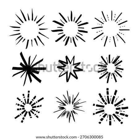 Round Marker Sunburst Different Types Black Doodle Line Set. Vector illustration of Grunge Stroke Sunbursts