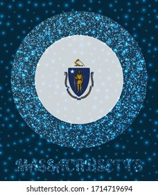 Round Massachusetts badge. Flag of Massachusetts in glowing network mesh style. US state network logo. Modern vector illustration.