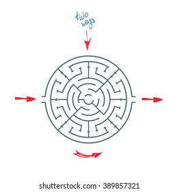 Round maze with arrows. Two right ways labyrinth. Arrows entrance and exit. Unique brain exercise symbol abstract design element. Idea for logo or corporate identity. Vector illustration.