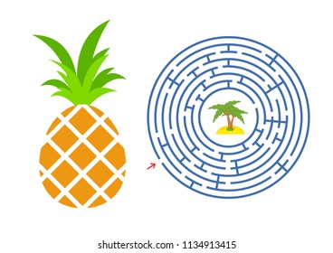 Round maze with a cartoon character. Appetizing pineapple. An interesting and developing game for children. Simple flat isolated vector illustration