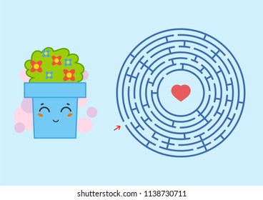 Round maze with a cartoon character. Cute flower pot. An interesting and developing game for children. Simple flat isolated vector illustration.