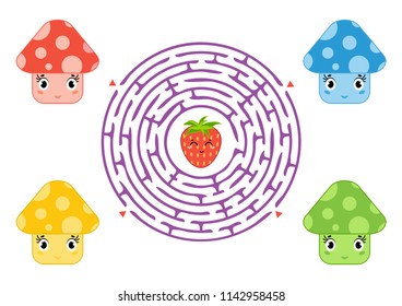 Round maze with cartoon characters. Cute mushrooms. An interesting and developing game for children. Simple flat isolated vector illustration.