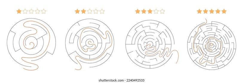 Round maze for children. Simple puzzle "Linear maze". Vector illustration of a children's toy. Easy, medium, hard and super difficulty, with stars. Labyrinth with entrance and exit. Set 4 mazes, clues