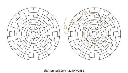 Round maze for children. Simple puzzle: "Linear maze". Vector illustration of a children's toy. Easy medium to high difficulty. Labyrinth with entrance and exit. Set of 2 mazes, without clues and with