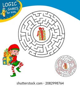 Round Maze. Christmas elf. Labyrinth conundrum with cartoon elf holds group of colorful presents. Find the right path to gift box. Logic Games for kids with Answer. Education worksheet. Activity page.