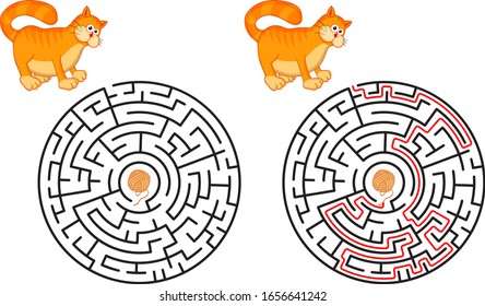 Round maze. Circle labyrinth conundrum with funny cartoon character Cat. Find the right path. Logic Games for kids with Answer. Education worksheet. Activity page. Puzzle for children. Cartoon style.
