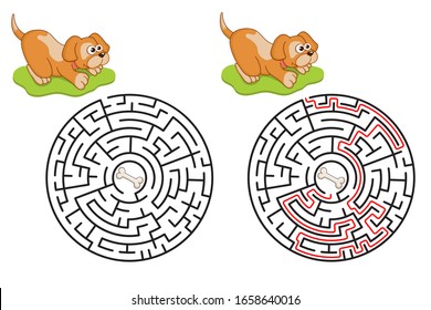 Round maze. Circle labyrinth conundrum with funny cartoon character Dog. Find the right path. Logic Games for kids with Answer. Education worksheet. Activity page. Puzzle for children. Cartoon style.