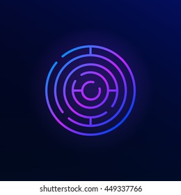 Round maze colorful icon. Vector modern thin line circular labyrinth sign on dark background
