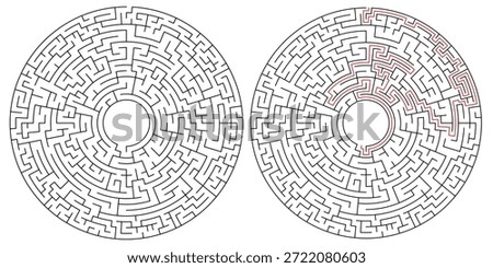 Round Maze Game for Adults - Easy Maze Game Flat Vector Black and White Outline Illustration for Kdp.