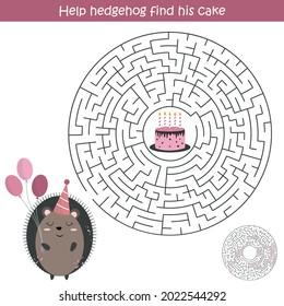 Round maze game for kids.Help hedgehog find his cake. Suitable for games, book print, apps, education. Cute round labyrinth with solution. Worksheet for kids. Eps 10