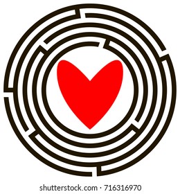Round maze with a heart at the center.	

