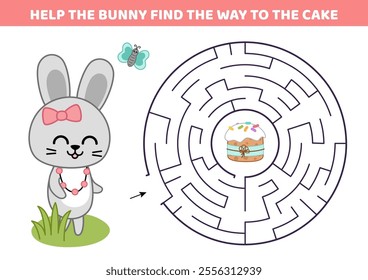 Round maze. Help the rabbit to find her Easter cake. Labirinth for kids. Cartoon, isolated vector illustration eps 10