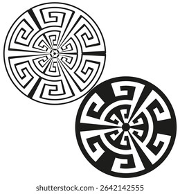 Round maze icon. Ethnic circle symbol. Tribal inspired vector. Monochrome pattern element.