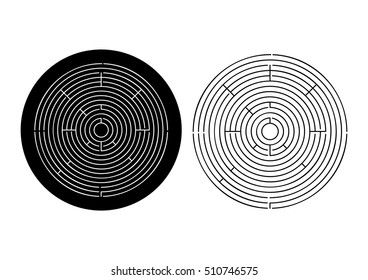 Round Maze. Labyrinth with Entry and Exit. Find the Way Out Concept. Transportation. Logistics Abstract Background Concept. Black Illustration on white background and white Ill on black background