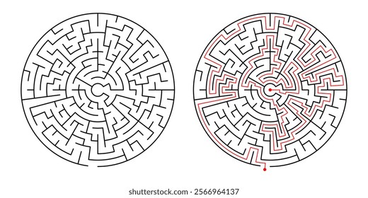 Round maze puzzle showing solution path. Simple problem-solving game with entry and exit points. Abstract labyrinth vector.