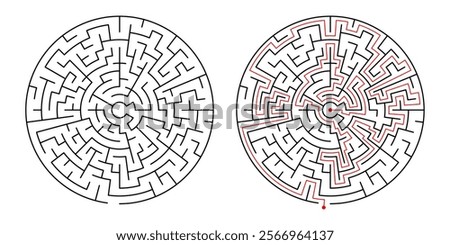 Round maze puzzle showing solution path. Simple problem-solving game with entry and exit points. Abstract labyrinth vector.