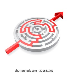 Round maze with a red Arrow passing through.