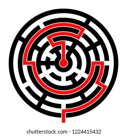 Round maze with red path to center. Vector illustration isolated on white background