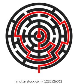 Round maze with red path to center. Vector illustration isolated on white background