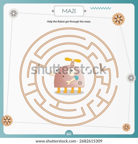 Round Maze Robots game for children. Help Robot find correct path. Vector illustration. Labyrinth for kids activity book. Book square format.