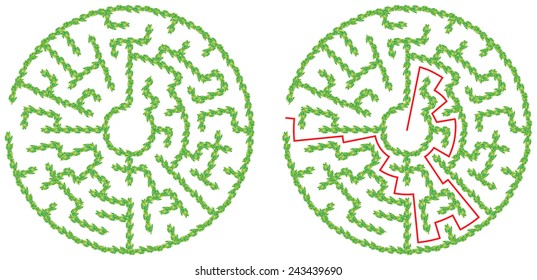 Round maze with a solution - made of illustrated green leaves