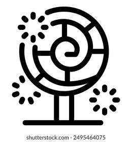 Round maze surrounded by sparkles standing on a base, representing a challenge or a game