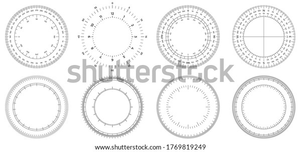 Round measuring\
circles. 360 degrees scale circle with lines, circular dial and\
scales meter vector set. Illustration circle degree, meter circular\
360, measurement time or\
angle