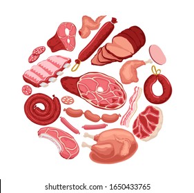 Round meat banner. Fresh meat vector banner. Chicken, meat, sausages isolated on white background. Illustration of meat food, wurst and salami, barbecue steak