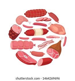 Round meat banner. Vector chicken, salami, sausage and fresh meat isolated on white background. Illustration of meat food, wurst and salami, barbecue steak