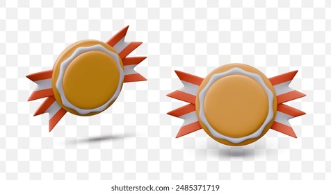 Round medal with decorative striped ribbons. Vector realistic mockup with blank space