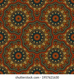 Round medallion vector seamless pattern. Ethnic motifs textile print. Indian traditional seamless ornament. Colorful medallion embroidery graphic design. Tribal pattern ethnic ornament.