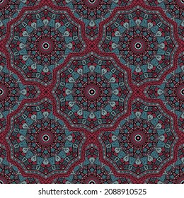 Round medallion vector seamless pattern. Ethnic motifs fabric print. Muslim traditional seamless ornament. Decorative medallion bandana print graphic design. Wrapping paper ethnic ornament