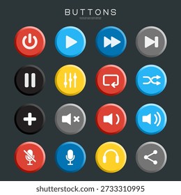 Runde Schaltflächen für die Mediensteuerung für das UI-Design. Symbolsatz für Wiedergabe, Pause, Lautstärke, Mikrofon, Einstellungstaste. Navigationssymbol für App und Multimedia-Schnittstelle
