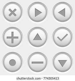Round media and video control buttons. White icons. Vector 3d illustration