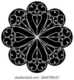 Round medieval mandala or flower shape in gothic style. Black and white negative silhouette.