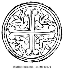 Round medieval mandala with heraldic motifs. Cross and four branches in a circle. Hand drawn linear doodle rough sketch. Black silhouette on white background.