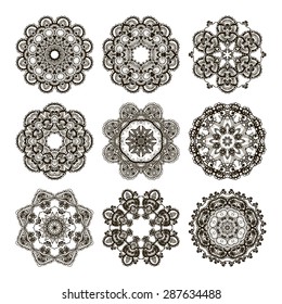 Round mehndi henna patterns drawn doodle set mandalas.Circle lace ornament, ornamental round doily geometric collection. Indian traditional art of body decoration during the holidays.