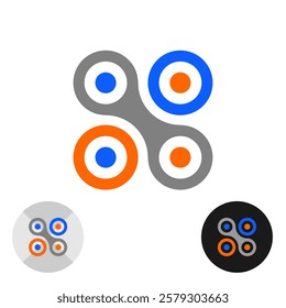 Round metaballs abstract logo. Connection link and separate objects colorful symbol. Drone or quadcopter minimalistic technical sign. Fidget Spinner Icon.